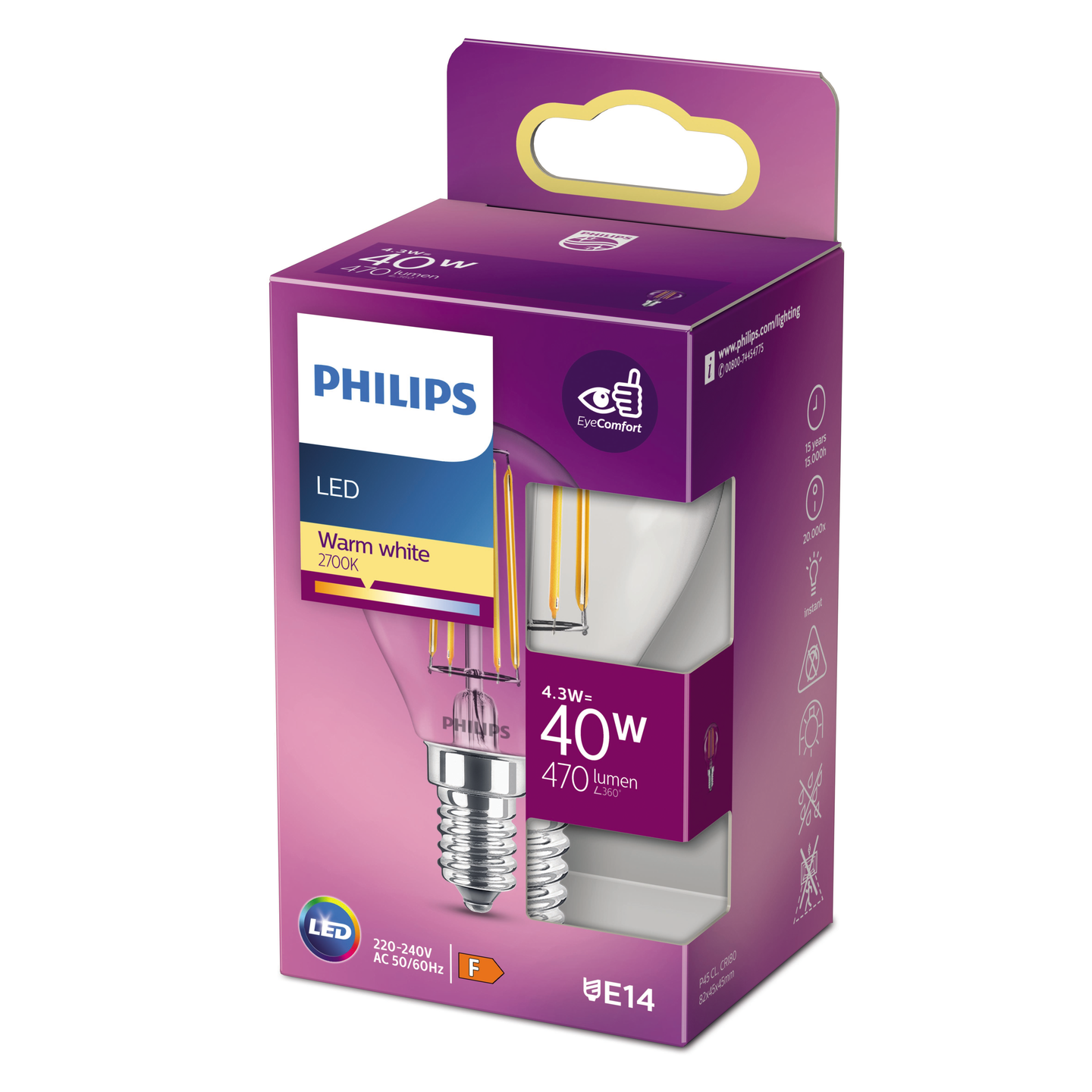 Philips LED-mainoslamppu 470lm E14 kirkas lasi 27K