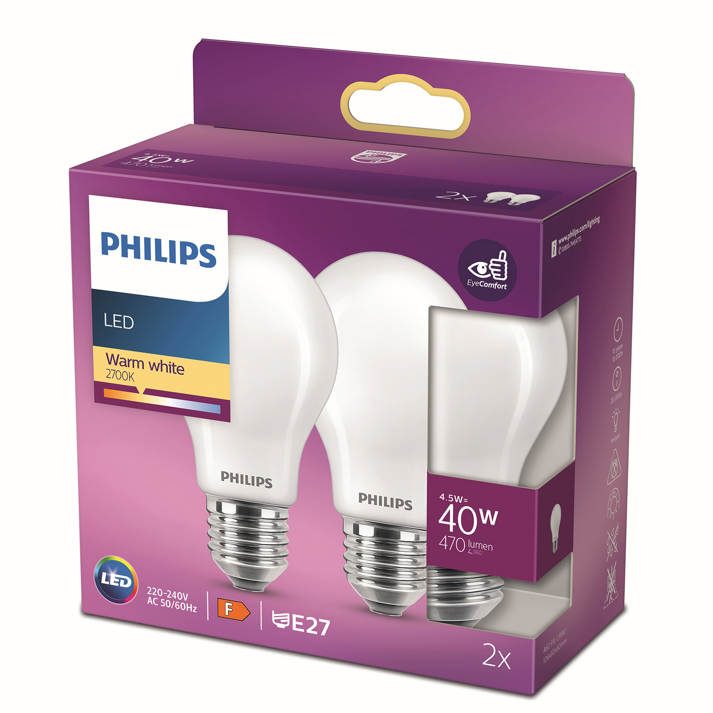 Philips LED vakiolamppu 40W A60 E27 2700K 470lm 2kpl