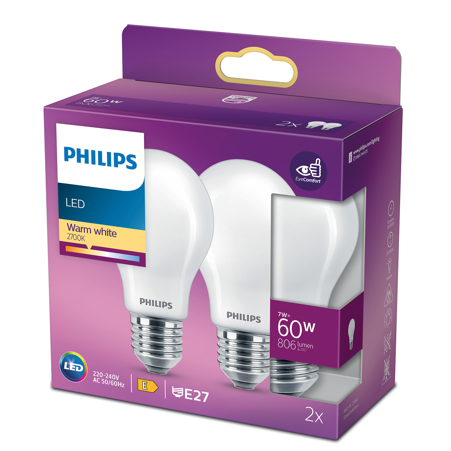 Philips LED vakiolamppu 60W A60 E27 2700K 806lm 2kpl