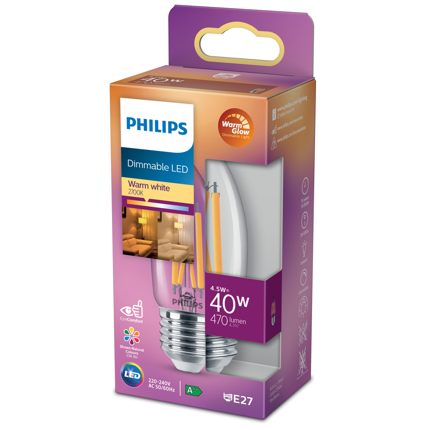 Philips LED-kynttilälamp WarmGlow 40W E14 kirkas