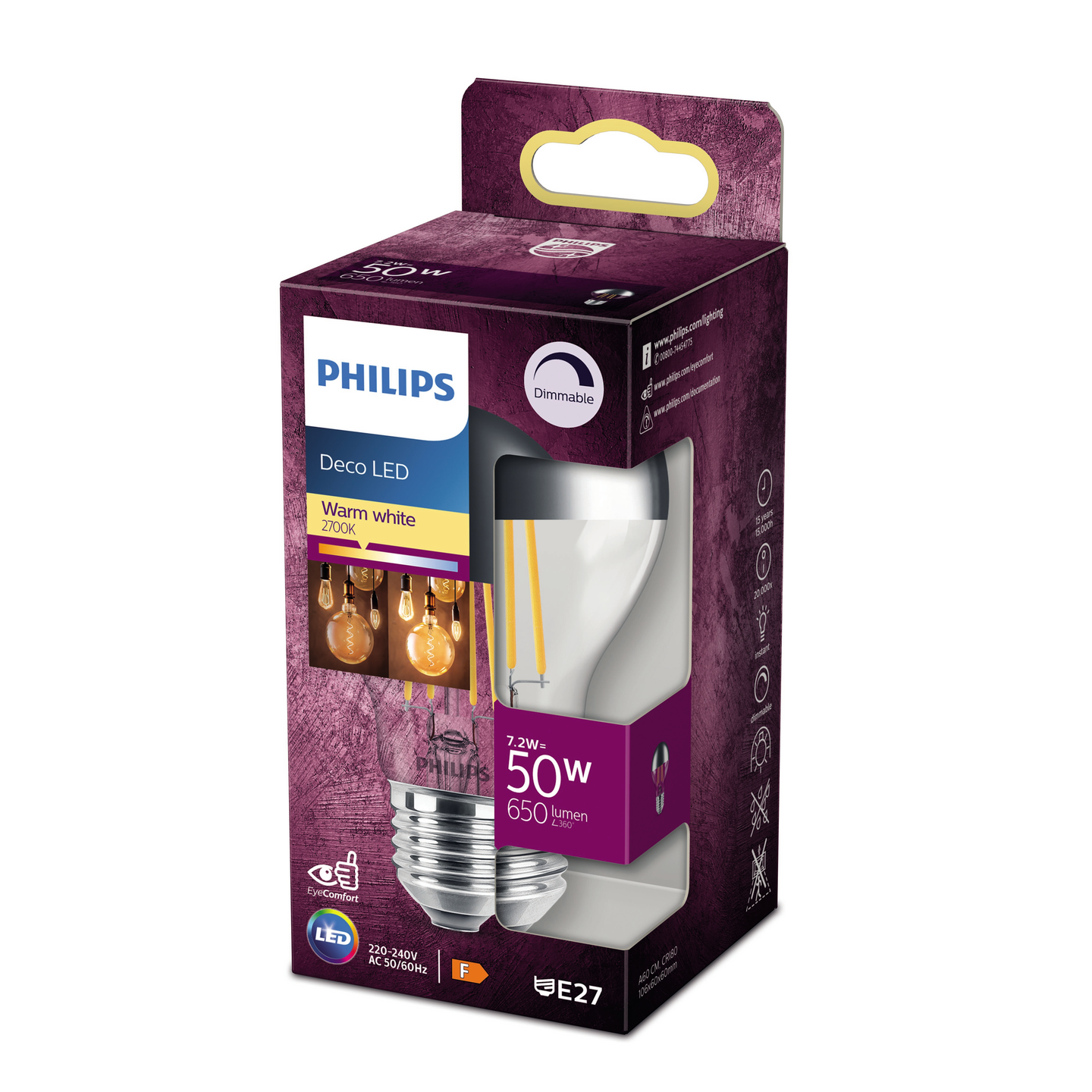 Philips LED peilil. E27 610lm dim. 2700K