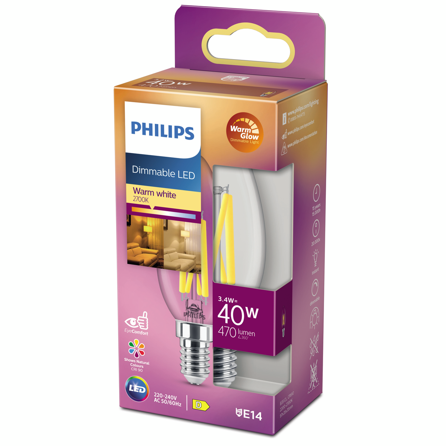 Philips LED kynttilä E14 470lm kirkas dim