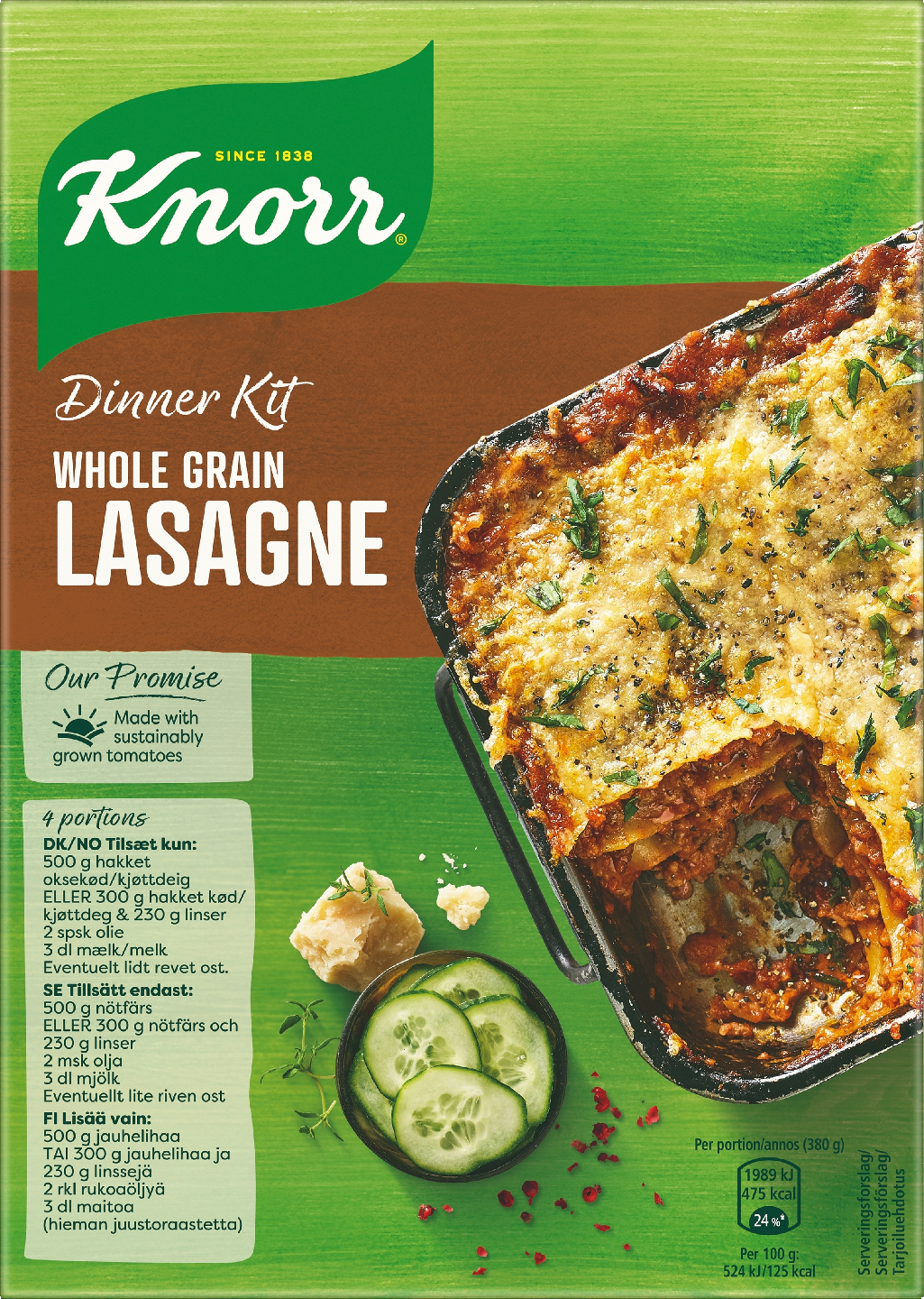 Knorr Täysjyvä Lasagne Ateria-aines 265g   Lasagnelevyt ja kastikeainekset täysjyvälasagneen.