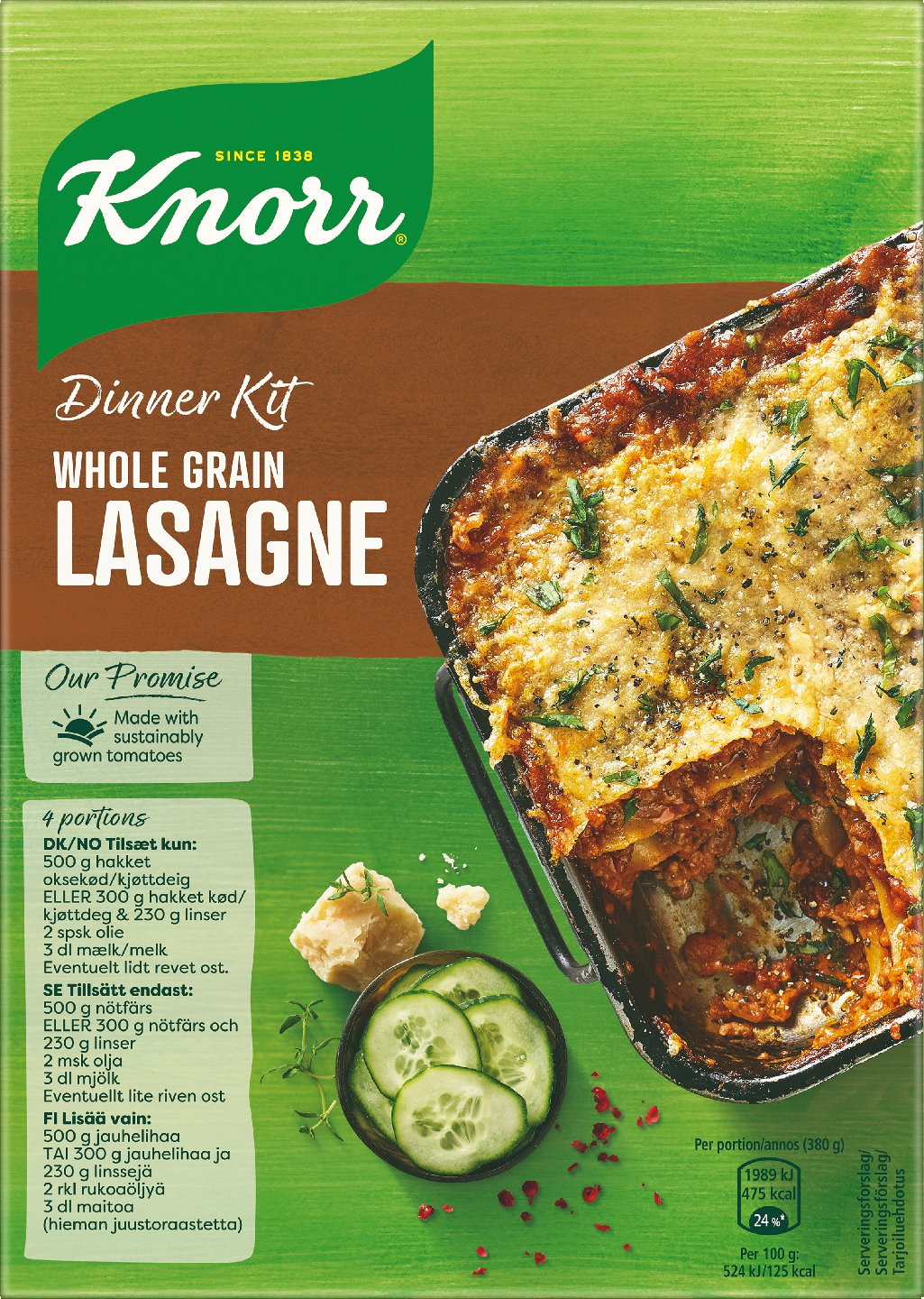 Knorr Täysjyvä Lasagne Ateria-aines 265g Lasagnelevyt ja kastikeainekset  täysjyvälasagneen. — HoReCa-tukku Kespro