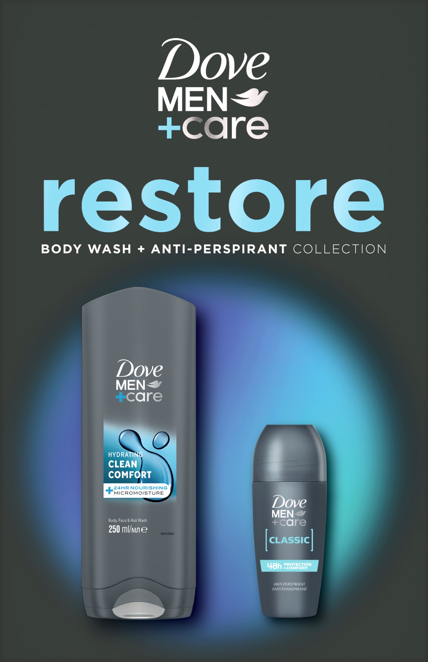 Dove Men+Care Restore lahjapakkaus suihkugeeli ja del roll-on
