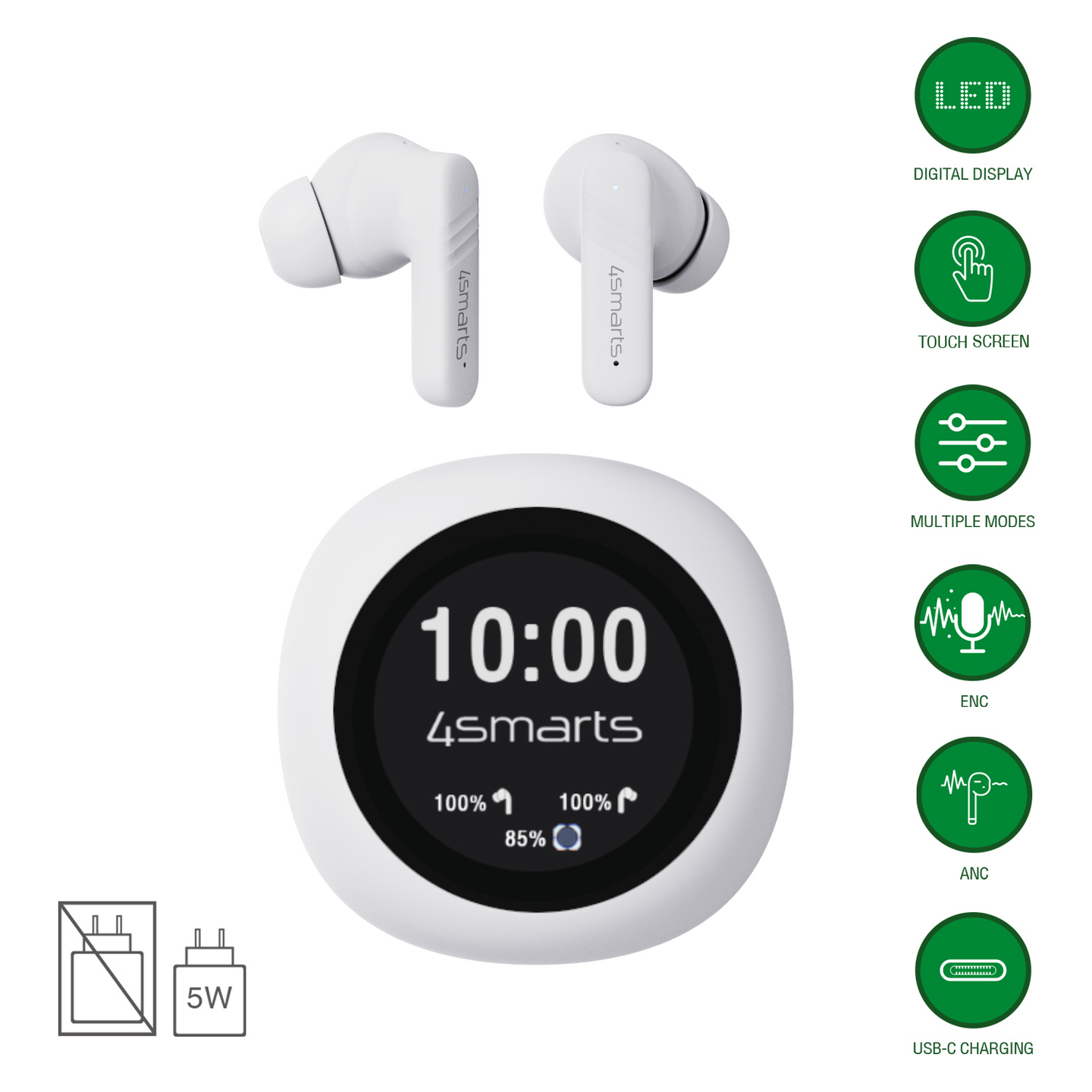 4smarts SkyBuds Screen Pro ANC -langattomat vastamelunappikuulokkeet, valkoinen