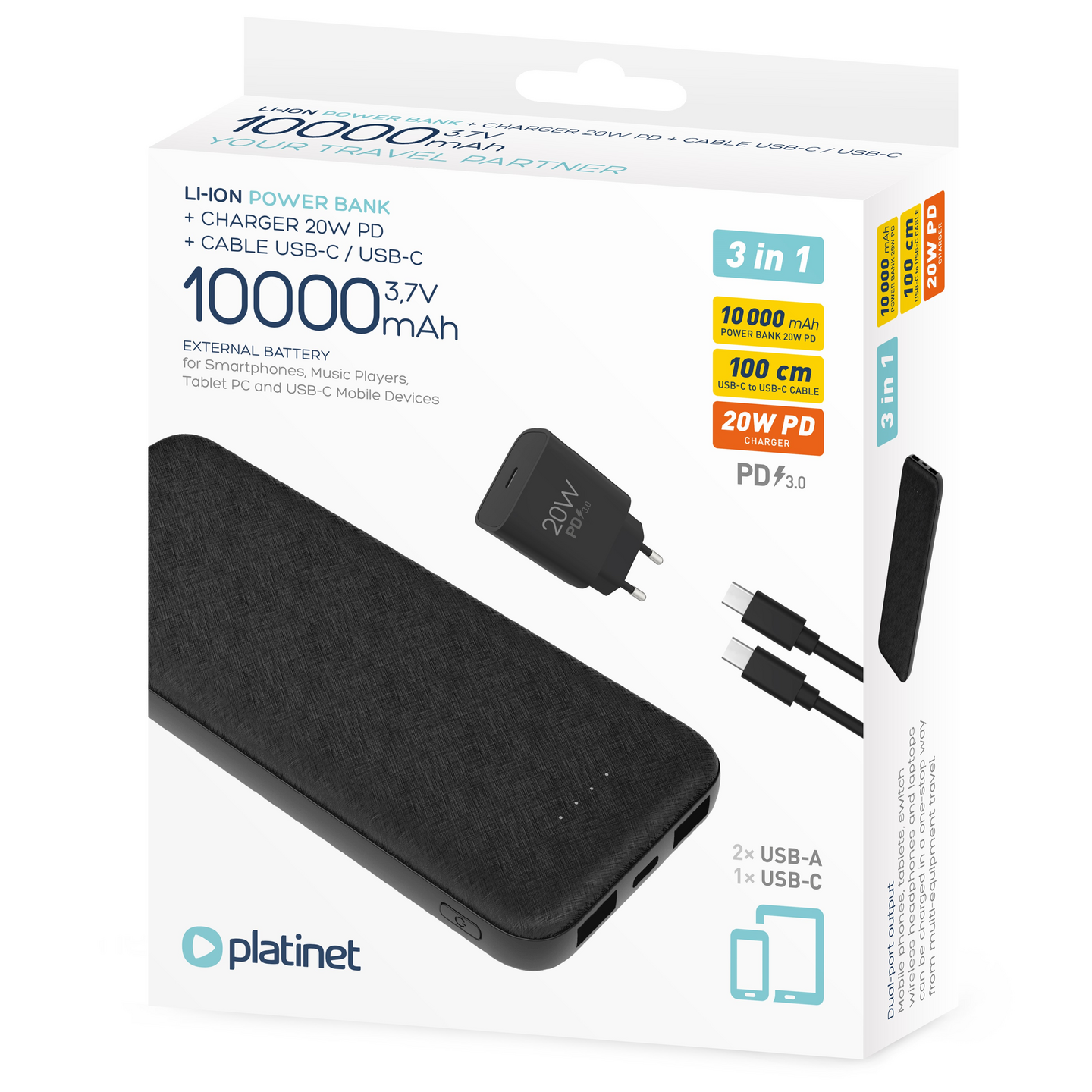 Platinet 3-in-1 Set 10 000 mAh -varavirtalähde  + laturi & kaapeli, musta