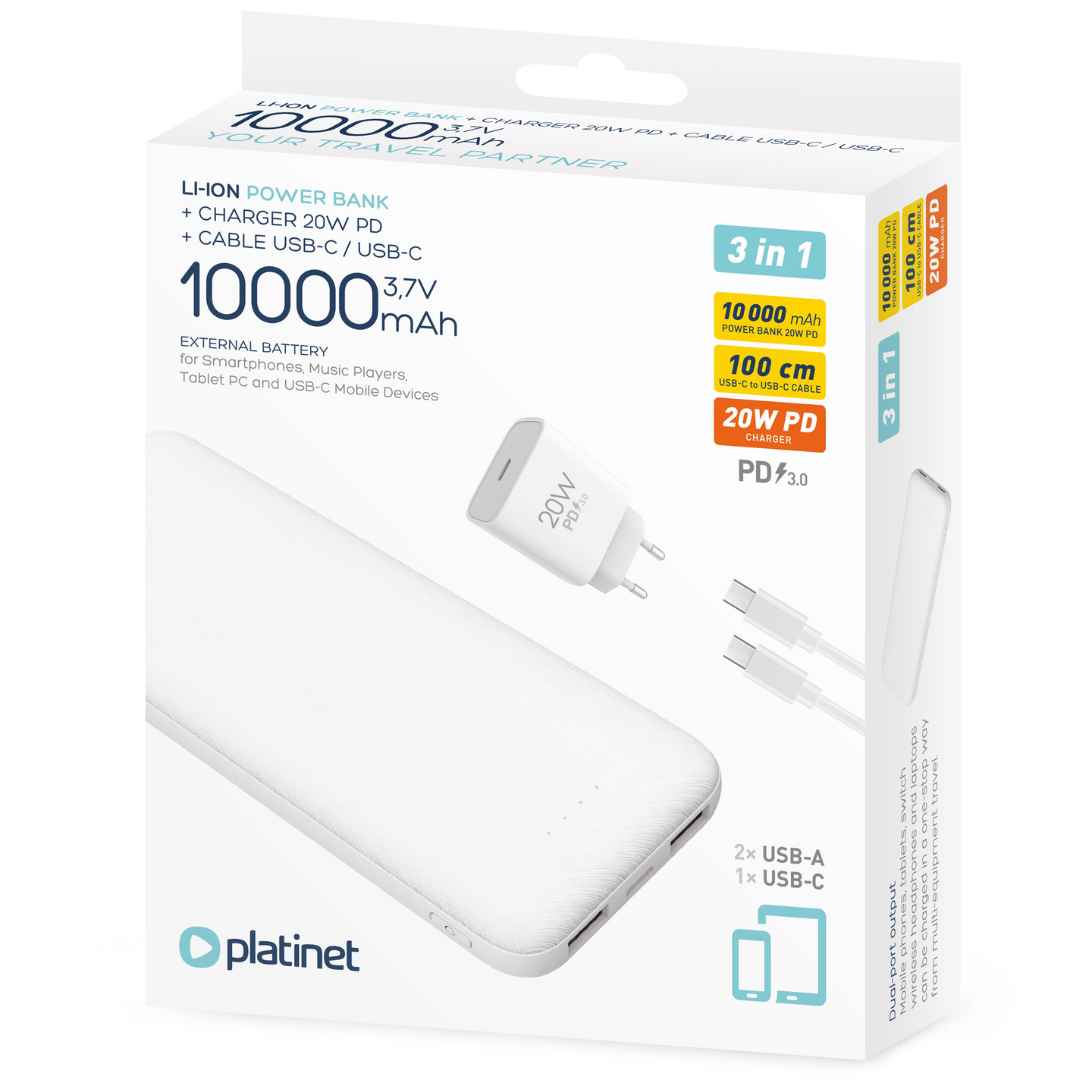 Platinet 3-in-1 Set 10 000 mAh -varavirtalähde  + laturi & kaapeli, valkoinen