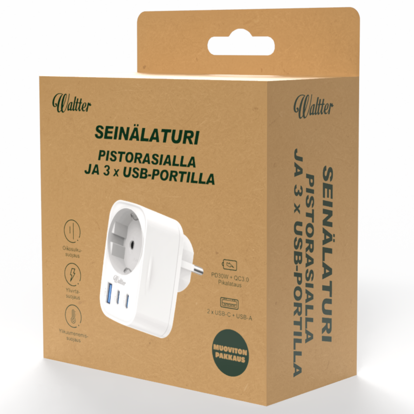 Waltter ECO 30 W 2 x USB-C + USB-A + Schuko -seinälaturi