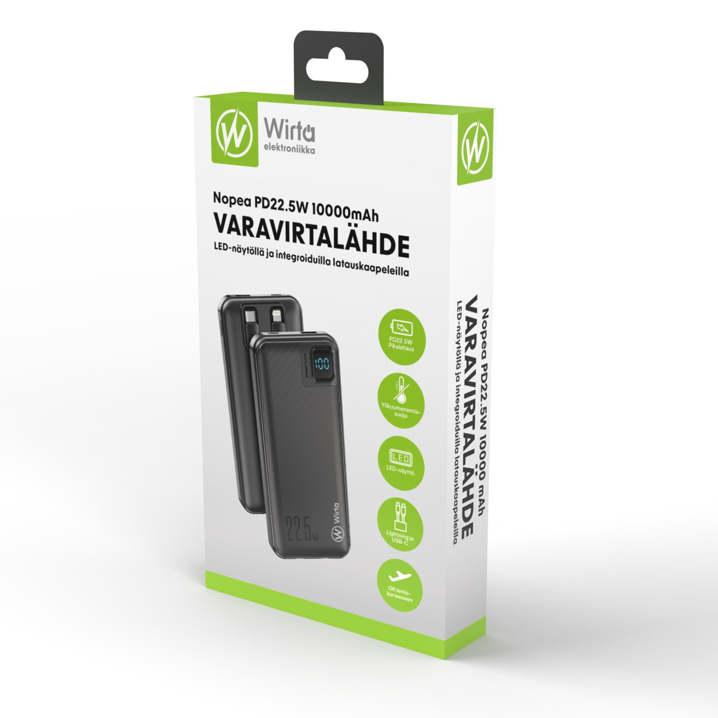 Wirta 10 000 mAh PD22.5W LED -varavirtalähde