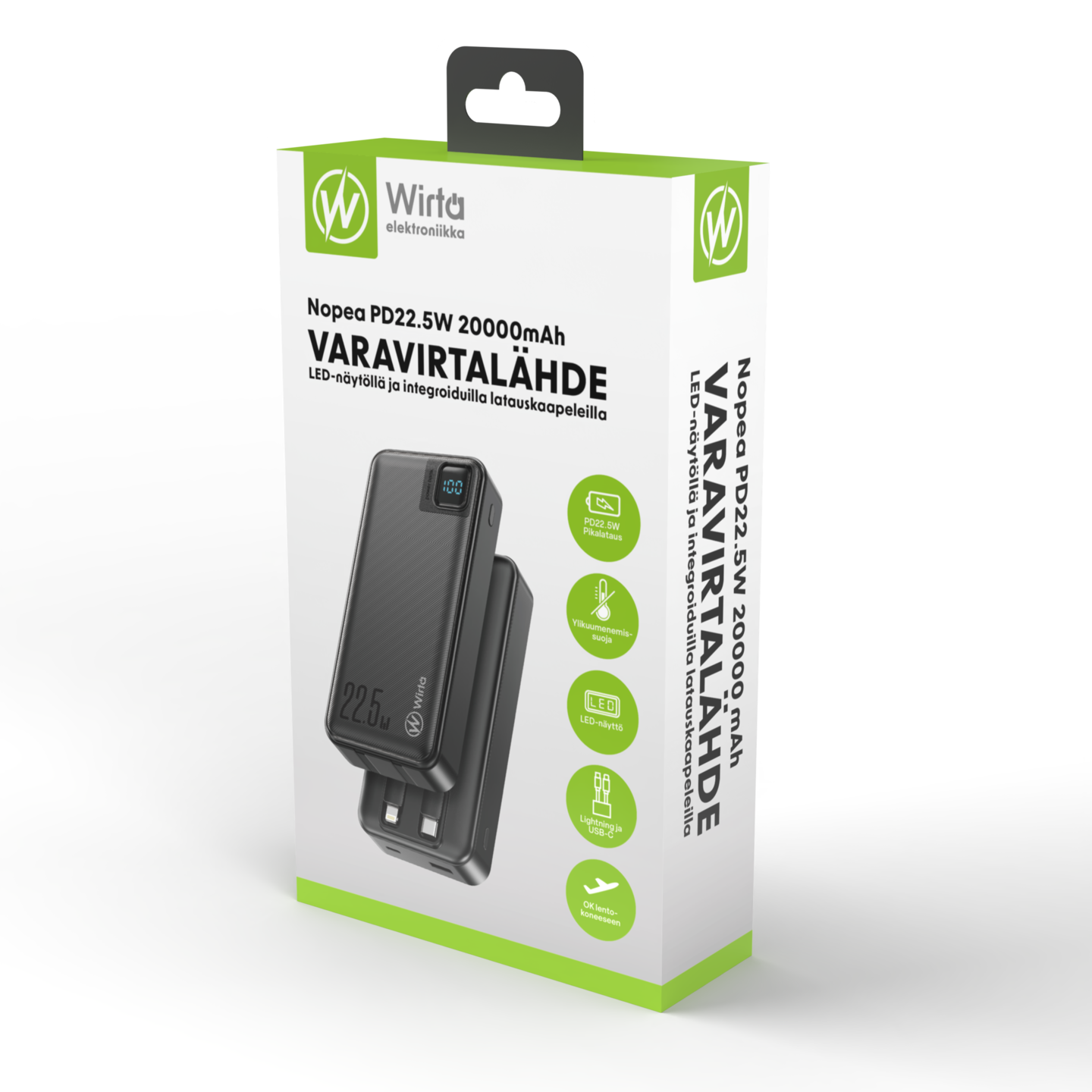 Wirta 20 000 mAh PD22.5W LED -varavirtalähde