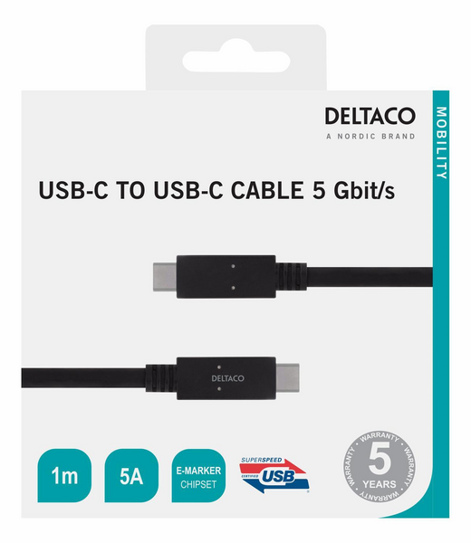 Deltaco USB-C - USB-C -kaapeli 1 m musta