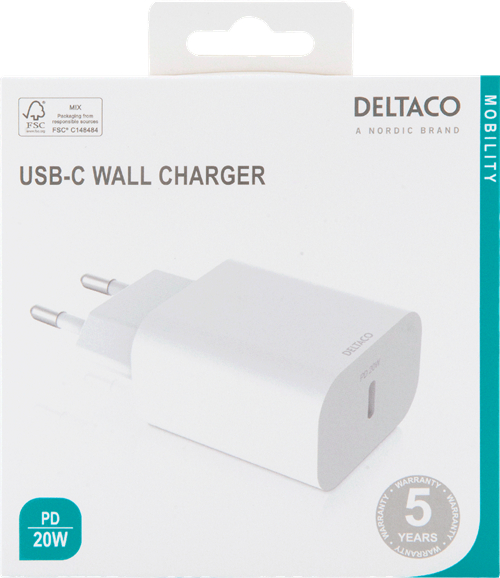 Deltaco 20 W USB-C PD -seinälaturi, valkoinen