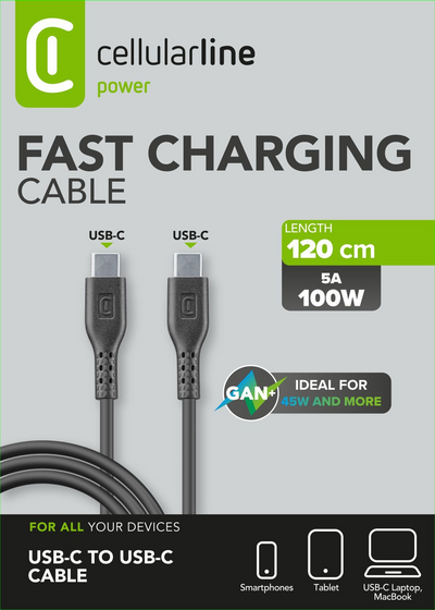 Cellularline Power 100W USB-C - USB-C -kaapeli, 1,2 m