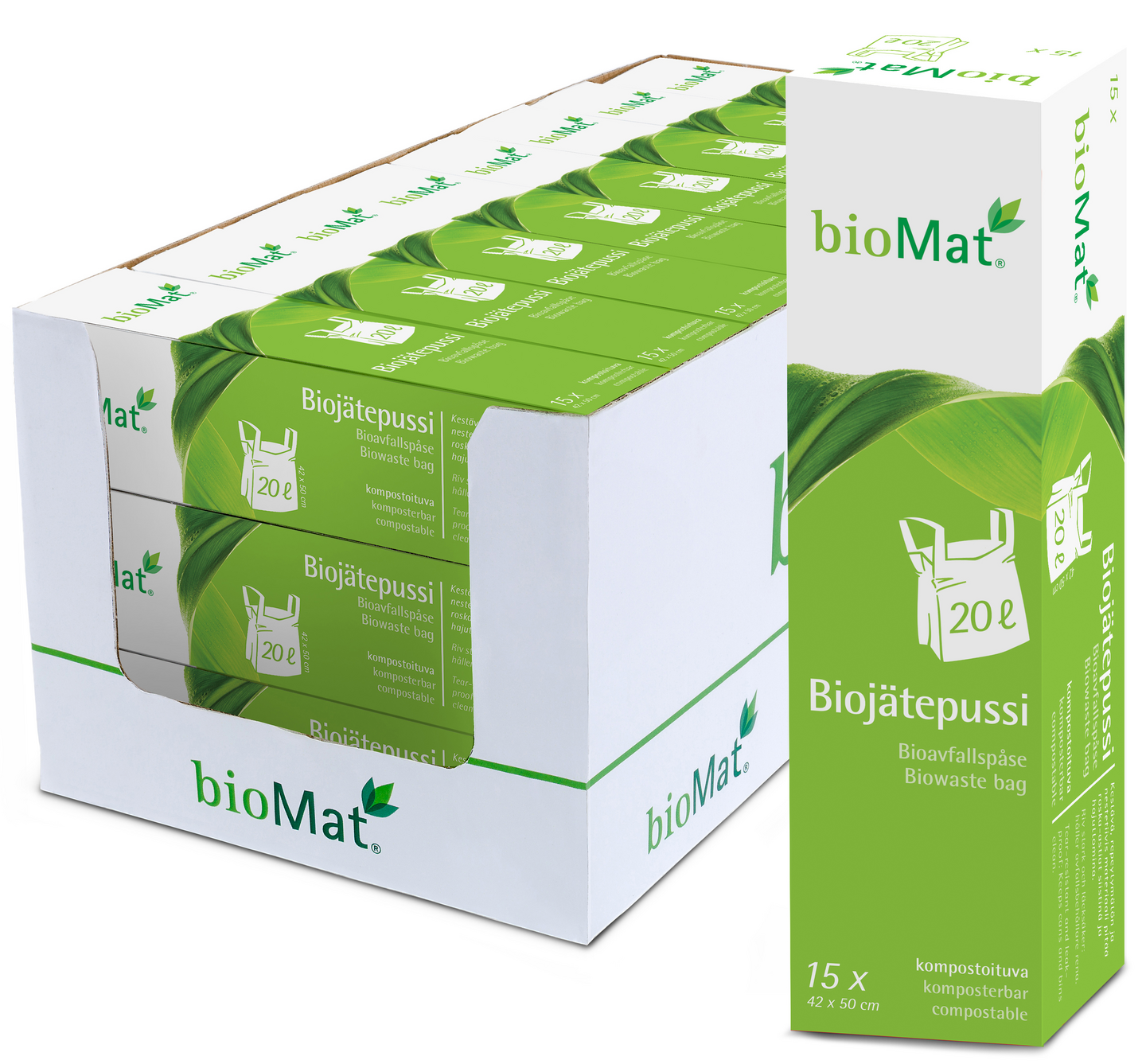 BIOMAT® Biojätekassi sangoilla 20L 15kpl/rll OK Compost HOME sertifioitu 420x500mm
