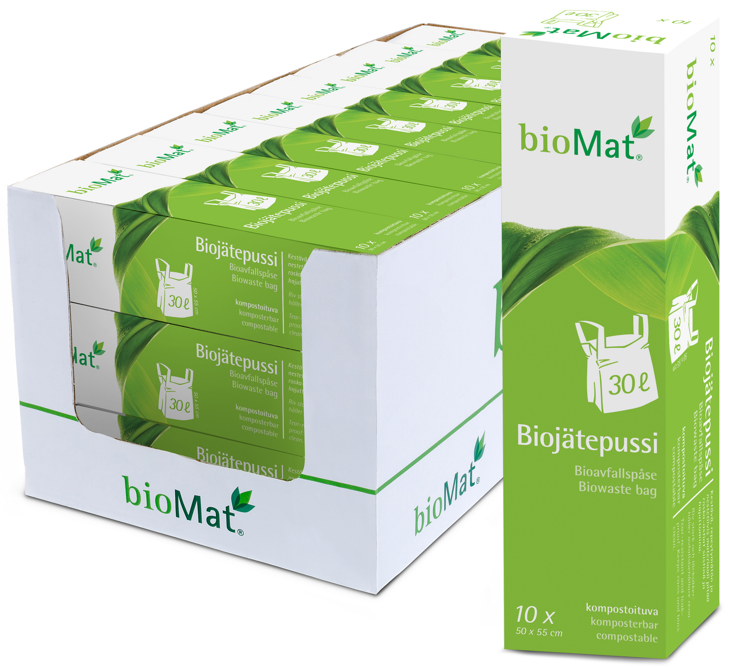 BIOMAT® Biojätekassi sangoilla 30L 10kpl/rll OK Compost HOME sertifioitu 500x550mm