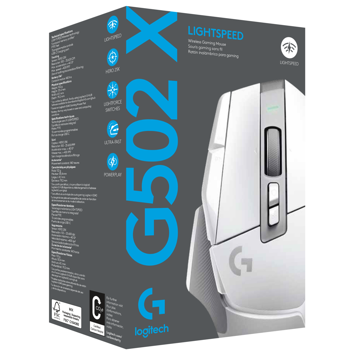 Logitech G502 X Lightspeed -langaton pelihiiri, valkoinen