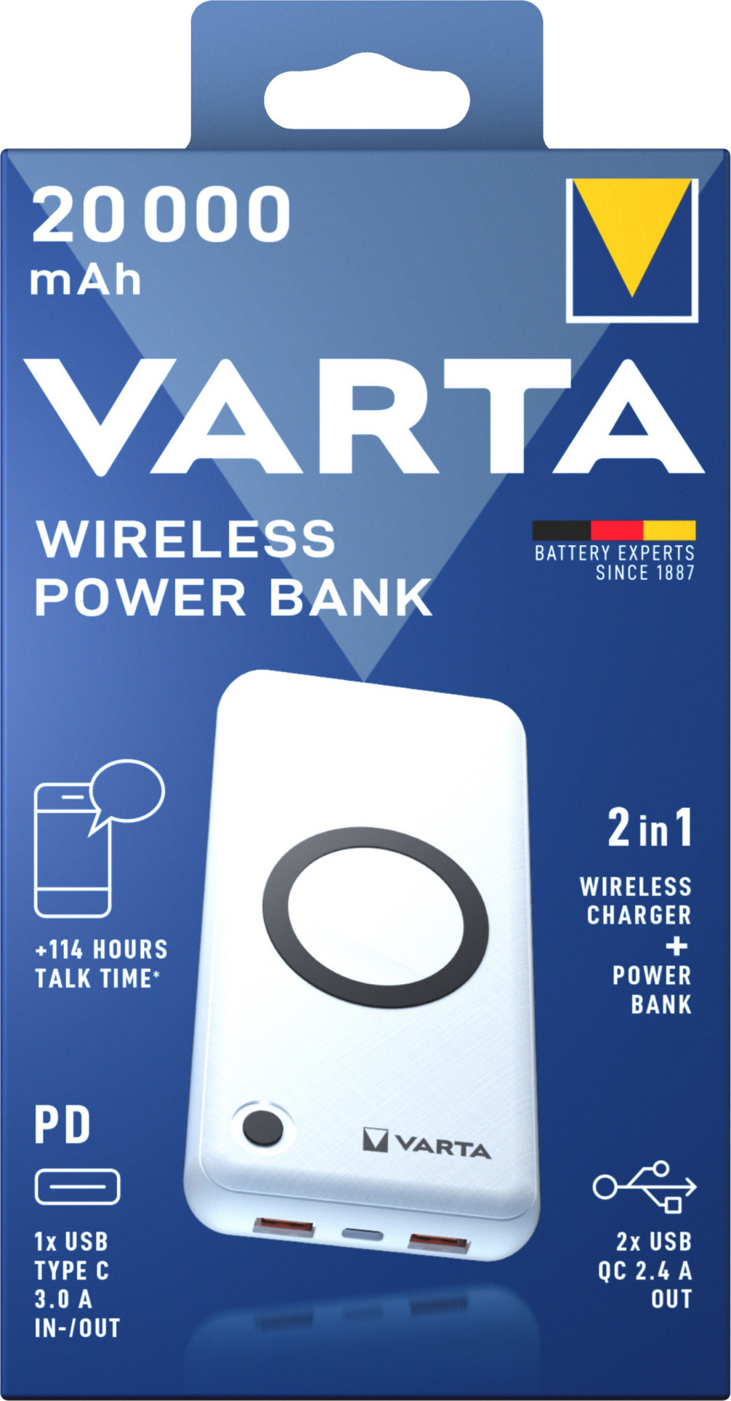 Varta 20 000 mAh -langaton varavirtalähde