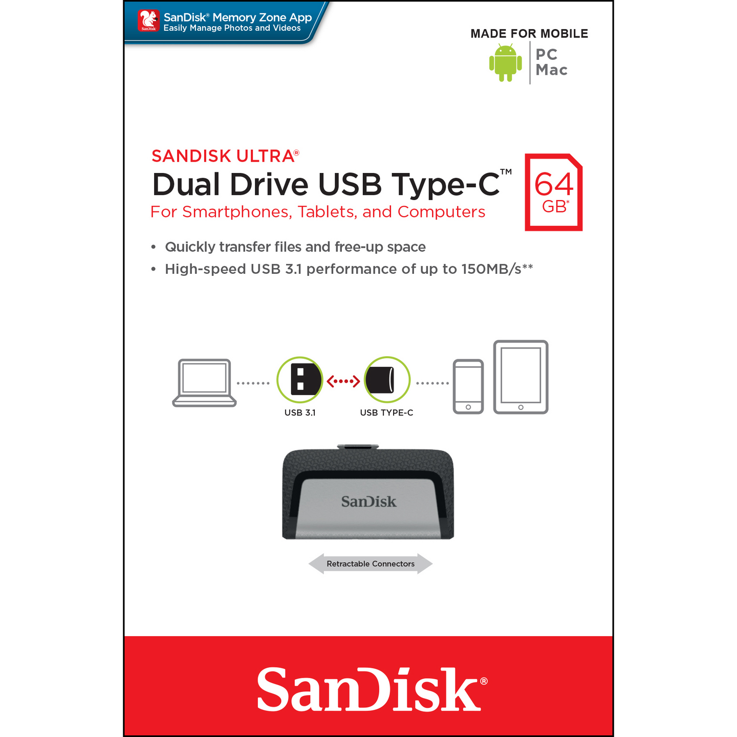 Sandisk Ultra Dual 64 Gt USB-A/C -muistitikku