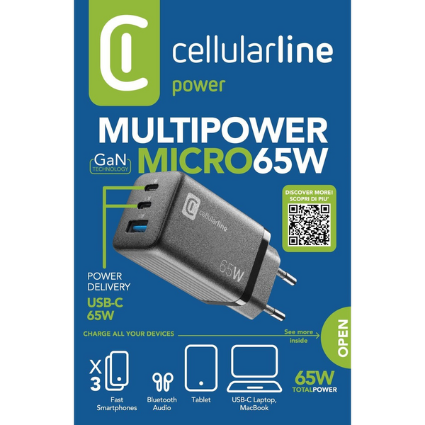 Cellularline Multipower Micro 65 W GaN 2 x USB-C + USB-A -laturi