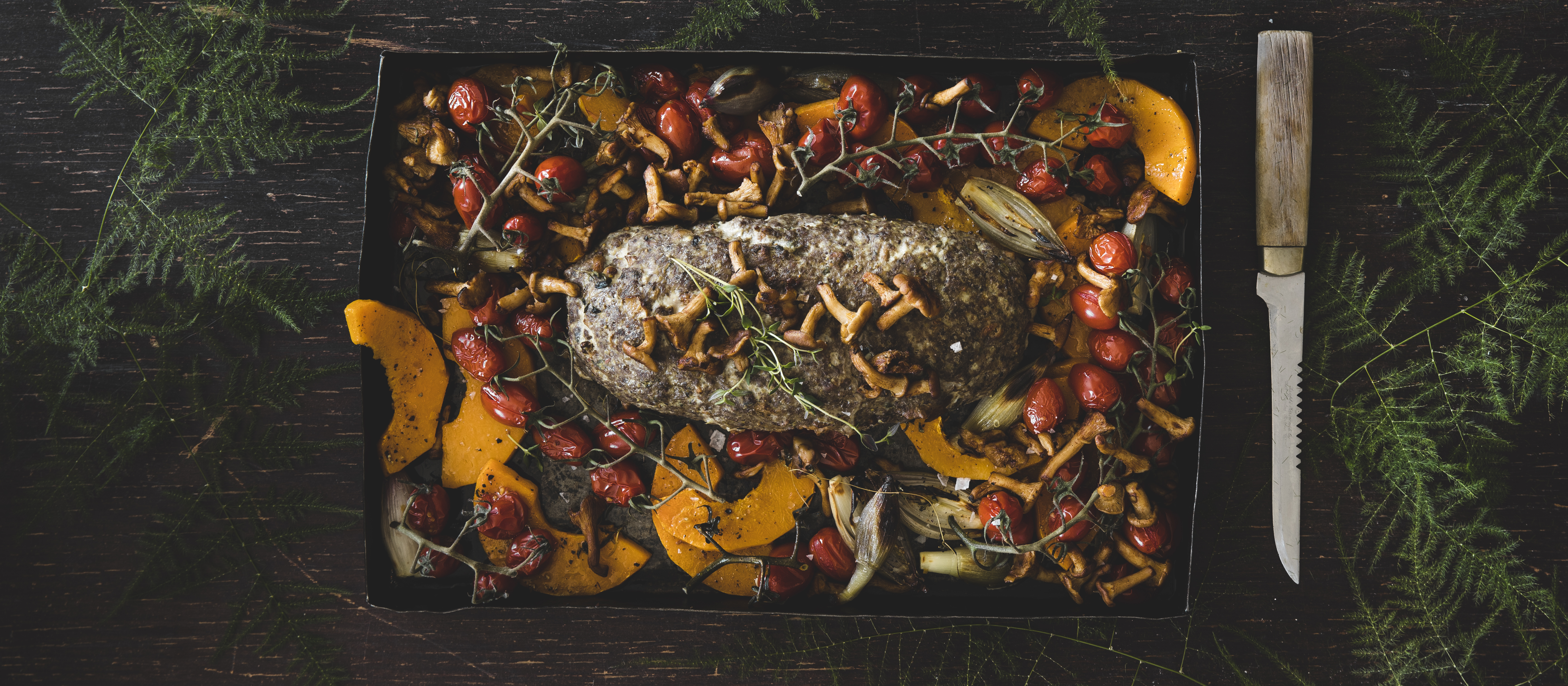 Kantarelli-lihamureke ja uunikasvikset