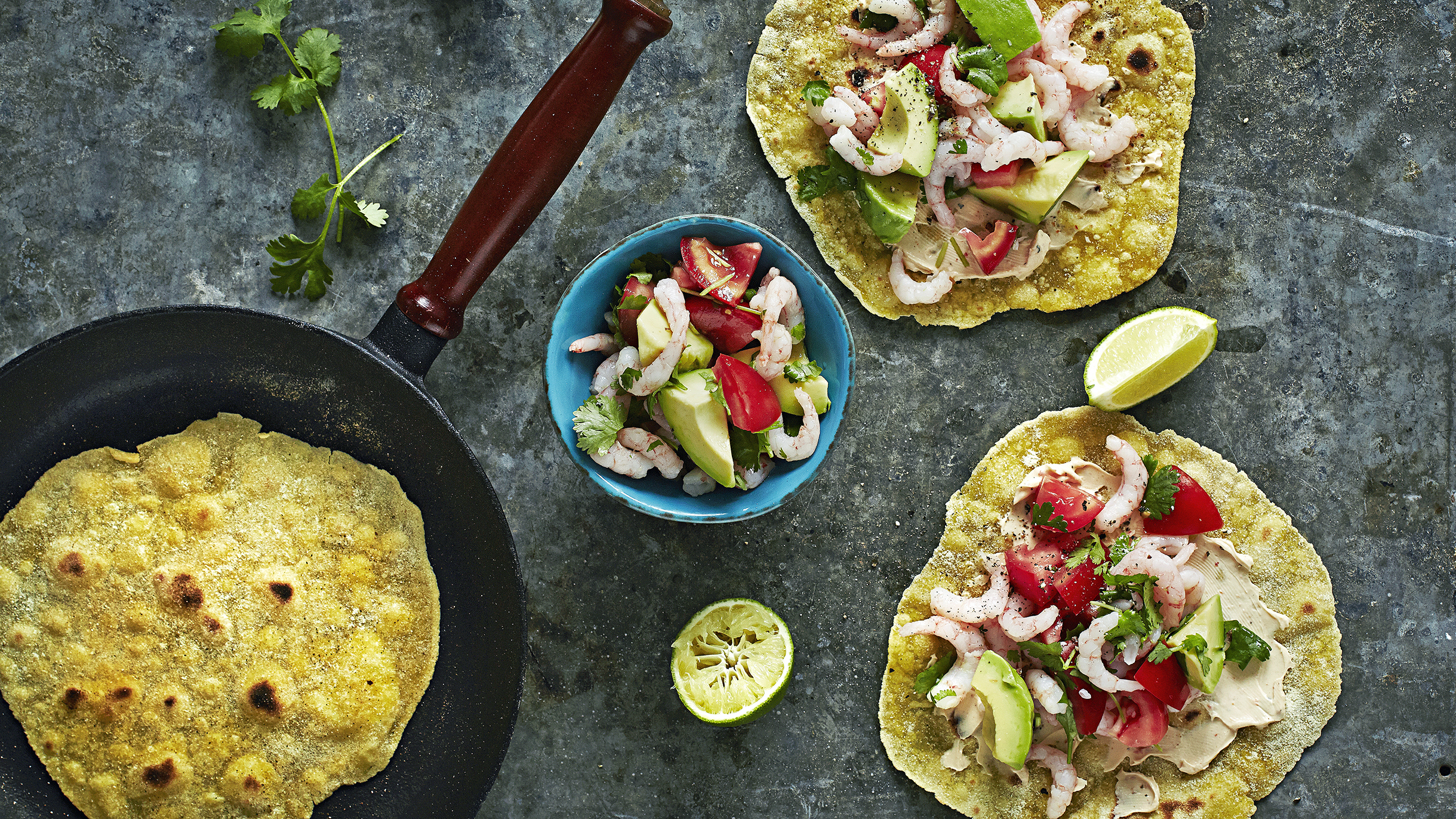 Itsetehdyt tortillat ja katkaraputäyte