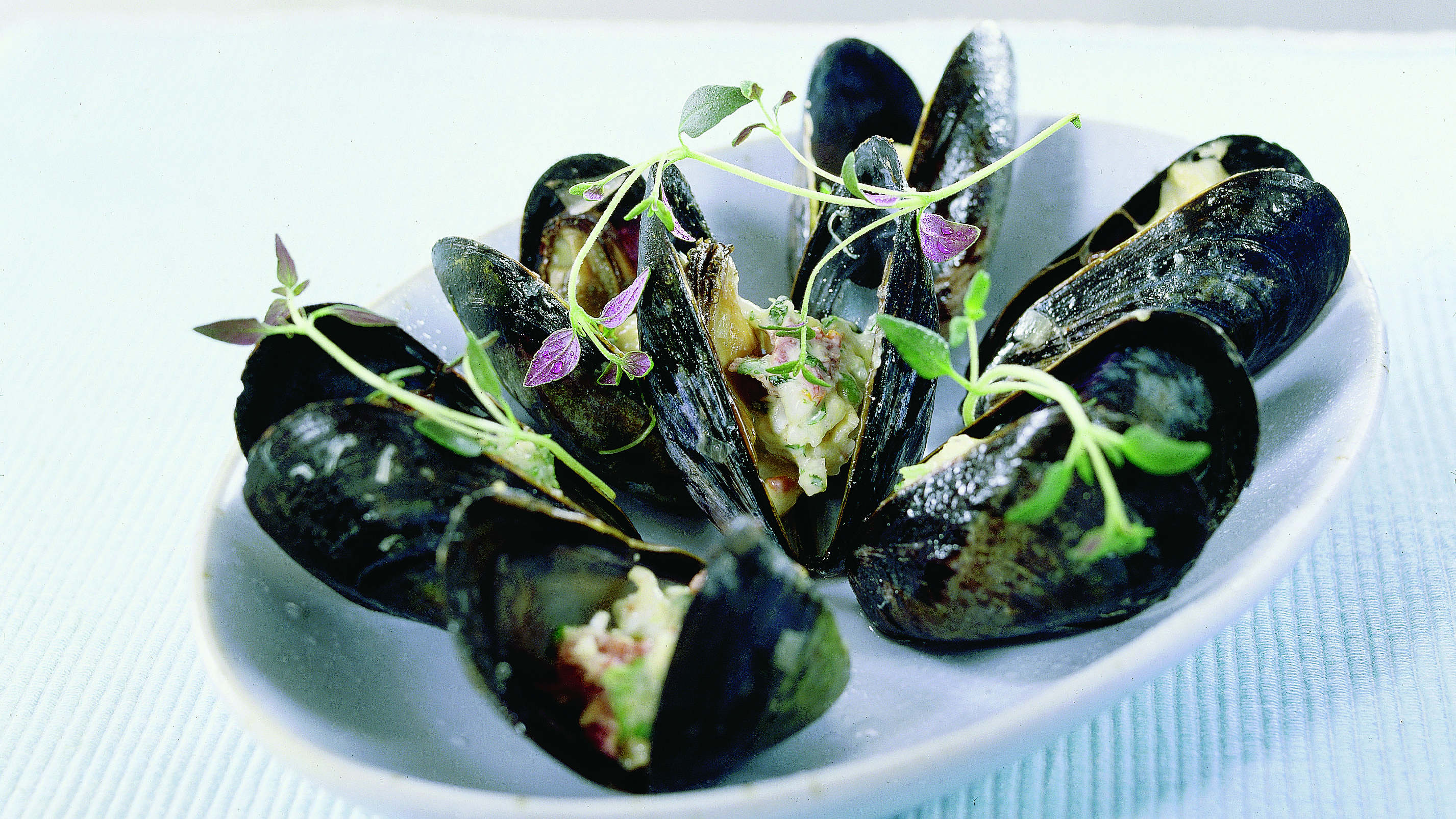 Vuohenjuustokuorrutteiset sinisimpukat